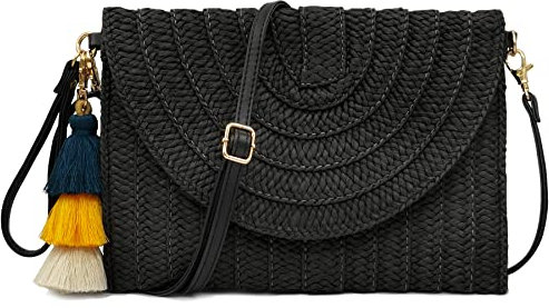 Aovtero Straw Clutch Purse Women Crossbody Bag Summer Beach Shoulder Bags Envelope Wallet Handbags, Black