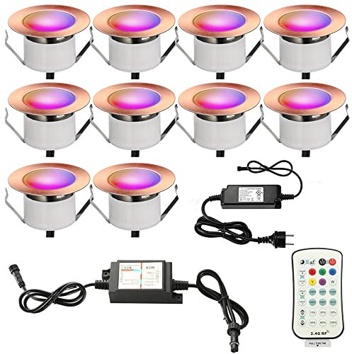 10 Stück RGBW LED-Einbaustrahler, Bodenleuchte, Einbauleuchte, wasserdicht, IP67, 12 V, RGBWW (4 in 1), Ø 45 mm, 1,2 W, Beleuchtung für Terrasse, Patio, Garten, Dekoration, Innen und Außen, Kupfer