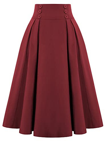 Belle Poque Rock Damen Knielang Damen Plus Größe Vintage Rock A-Linie Midi-Röcke mit Taschen Weinrot#2150 2XL