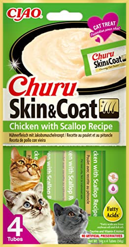 INABA Churu Skin & Coat - Pürierte Katzenleckerlis mit Huhn und Jakobsmuschel - Omega 3 & 6 und Taurin - Cremige Textur - Futter für Katzen, Haut & Fell - 48 Tuben x 14g