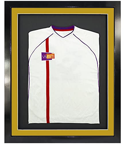 Vivarti DIY Infant 3D Mounted Sports Shirt Display Frame for Football Shirt, Rugby Shirt, Band T-Shirt Shadow Box - 40 x 50cm - Gloss Black Frame, Gold Mount, Black Backing Card