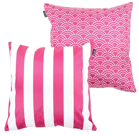 Bean Bag Bazaar Outdoor Cushions Filled, Stripe Collection, 2 Pack, Pink | Made in the UK, 43cm x 43cm, Durable Water-Resistant Fabric, Outdoor Cushions for Garden Furniture, Garden and Patio