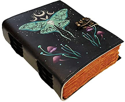 AL HAZZA Lederbuch mit Zaubersprüchen, Tagebuch mit Büttenrand, Grimoire-Tagebuch mit Luna-Motten- und Morpho-Schmetterling-Druck, antikes Vintage-Wicca-Notizbuch für Männer und Frauen (17,8 x 12,7