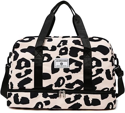 Vllcsla Sporttasche Damen Reisetasche 42.43L, Trainingstasche Damen für Kurze Reisen mit Schuhfach Nassfach, Wochenendtasche Groß Weekender Zebra-Aufdruck Leopard, Wasserdicht, Beige, A