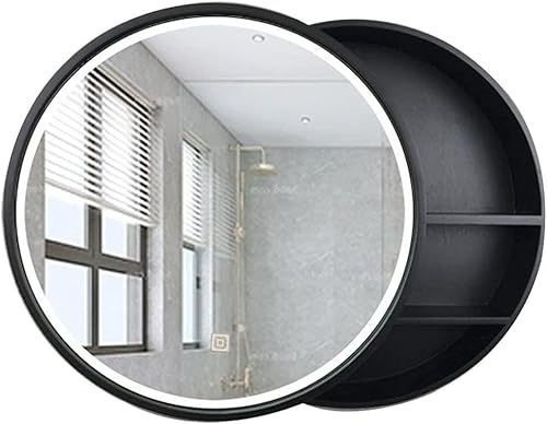 Spiegelschrank Badezimmer rund mit Licht, wandmontierter Schlafzimmer-Kosmetikspiegel aus Holz mit Aufbewahrungsschrank, runder Kosmetikspiegel mit Licht