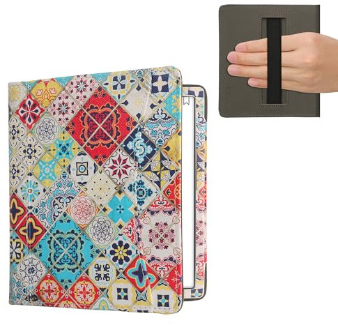 kwmobile Flip Hülle kompatibel mit Onyx Boox Leaf 2 - Vorderfach Handschlaufe - Holz Marokkanische Fliesen Mehrfarbig Braun