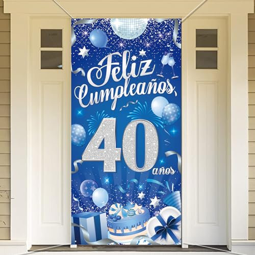 DPKOW Español Pancarta de Feliz Cumpleaños 40 años para Hombre Decoración de Cumpleaños 40, Plata Azul Pancarta de Fondo de Cumpleaños de 40 años para Hombre Interior Exterior, 185 * 90 cm