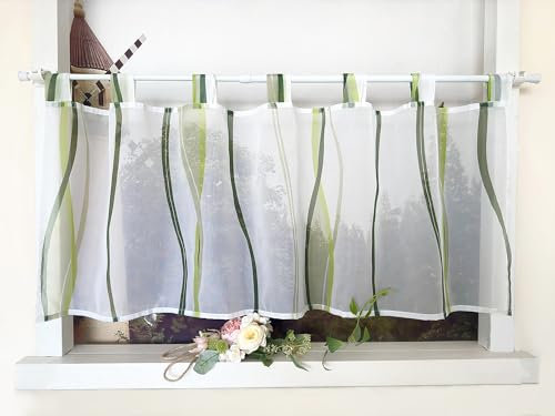 Devola Scheibengardine mit Wellenmuster Gardine Druck Kurzstore mit Schlaufen Küchengardine Kurz Modern Voile Bistrogardine Transparent HxB 45x100cm Grün 1 Stück