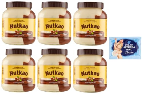 6er-Pack Nutkao Crema Bicolore Cacao,Nocciole e Vaniglia,Streichfähige Creme Kakao mit Haselnüssen und Vanille, 750g-Glas + 1er-Pack Kostenlos Felce Azzurra Talkumpuder, 100g-Beutel