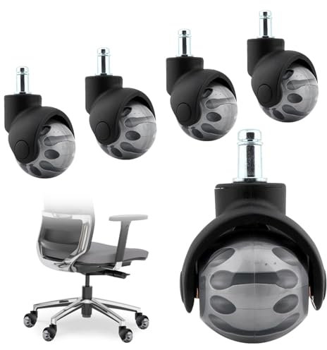 Office Chair Ball Caster, 5pcs Smooth Non Scratch Office Chair Wheels Set PU Heavy Duty Replacement Casters for Hardwood Floor Carpet Mats, 5cm/1.97inch(Black Silver,Size:5cm/1.97inch)
