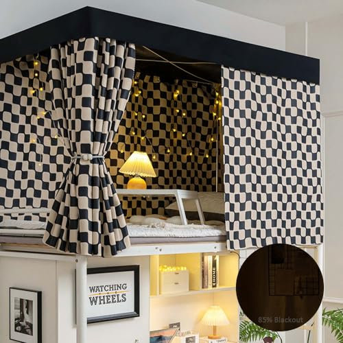 Treer Bettvorhang Hochbett, Etagenbett Blackout Vorhänge Staubdicht Betthimmel Hochbett Kinder Bettzelt Schlafsaal Bettvorhänge Studentenwohnheim Schlafzimmer (1.2m 2 Stück+Deckel,Schachbrett)
