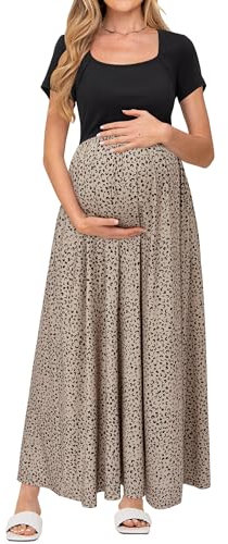 OUGES Maxi Maternity Dress for Women UK Ladies Short Sleeve Nursing Summer Dresses with Pockets(Leopard,M)