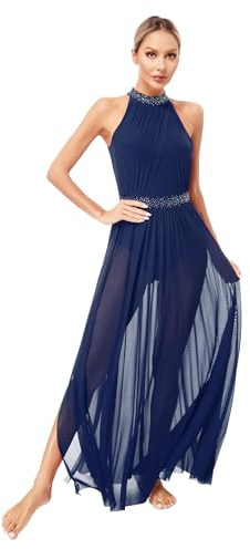 TiaoBug Vestido Elegante De Danza Ballet para Mujer Maillot con Falda Tul Maillot Gimnasia Rítmica Vestido Largo De Bailarina Latino Competición Azul Marino E S