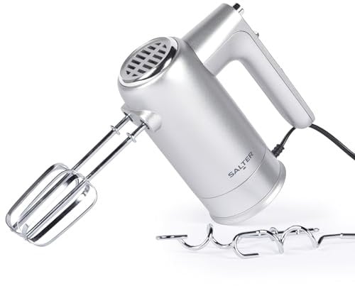 Salter EK5613BMMSVDE Aspen Easy-Store Hand Mixer - Electric Baking Whisk, Stirring Whisk and Dough Hook, Storage Base, 5 Speed Levels with Turbo Function, Eject Function, 300W, Silver