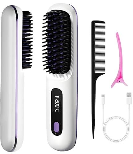 Hair Straightener Comb for Women, Cordless Straighteners UK, Portable Ceramic Hair Straighteners Brush, LCD Display, Type-C Charging, Adjustable 3-Step Temperature (160-200c°) Hot Comb for Home Travel