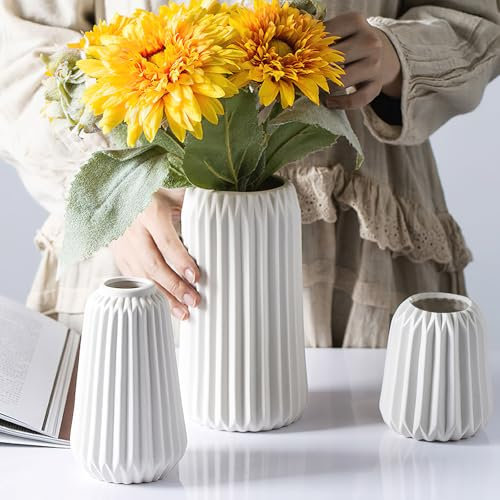 Vasen Deko Weiße Keramik Vase 3er Satz Moderne Home Decor Boho Vase Deko Wohnzimmer Deco Matte Vasen für Pampasgras Geräumige Vase für Wohnzimmer Eingangsbereich Arbeitsplatte Vasens Set