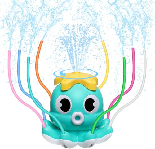 MoKo Wassersprinkler für Kinder, Niedliches Outdoor Wasserspielzeug, Schwimmbad Spielzeug mit 8 Wackelrohren & 2 Schlauchklemme, Sommer Kraken Wasserspielzeug für Jungen Mädchen Haustiere, Hellblau