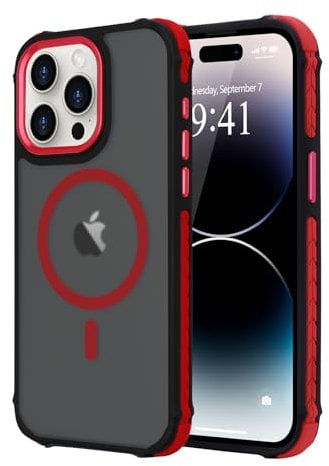 LLZ.COQUE Magnetic Case for iPhone 14 Pro Max, Compatible with Magsafe Translucent Matte Anti-Slip Phone Case, Military Grade Protection Rugged Shockproof Durable Cover for iPhone 14 Pro Max, Red