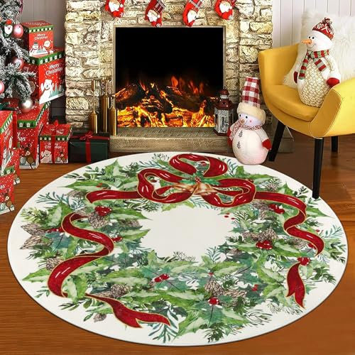 SHACOS Weihnachtsteppich Rund Grün Groß 150 cm Kurzflor Weihnachten Teppich Rund rutschfest Waschbar Weihnachtsmatte Weich Runder Weihnachtsteppich für Wohnzimmer, Küche, Flur, Weihnachtsdeko, Weiß