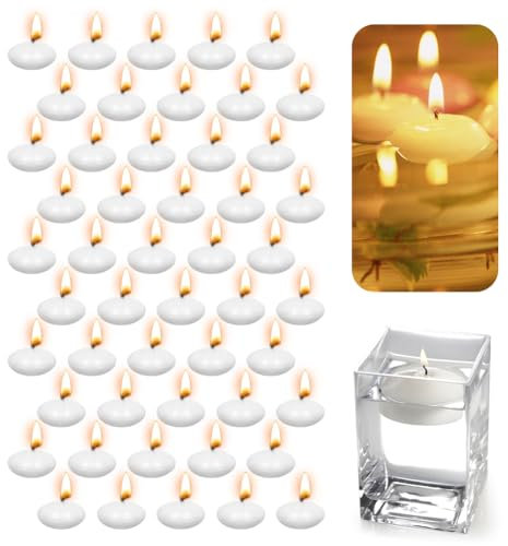 Lot de 50 bougies flottantes blanches non parfumées - Bougies chauffe-plat chaudes et flottantes - Sans gouttes - Pour dîner, spa, fête, mariage et piscine