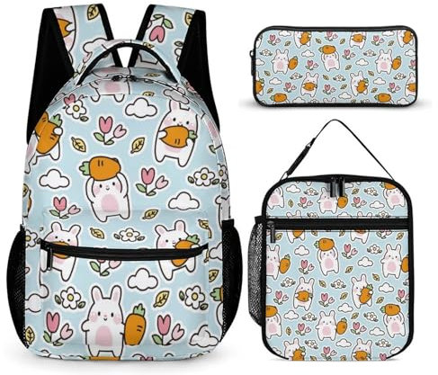 3 in 1 Kids Backpack for Boys And Girls, Cute Rabbit Hold Carrot Pattern Waterproof School Backpack with Lunch Box&Pencil Bag, Cute Bookbag Travel School Bag, Durable & Water-Resistant, for School,