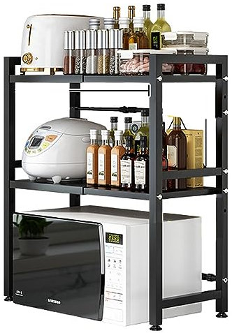 Felenny Expandable Microwave Oven Rack, 3 Tier Kitchen Microwave Shelf Organizer Metal Organiser Counter Stand Utensil Holder Adjustable Width& Height, Heavy Load 75kg/ 165lbs
