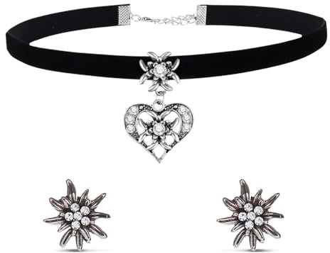 Bieiyhe Trachtenschmuck Damen Set, Dirndl Schmuck Oktoberfest Accessoires, Trachtenkette und Ohrringe, Outfit zum Oktoberfest, Dirndl Halskette, Dirndlschmuck Herz mit Edelweiss und Schwarzer Samt