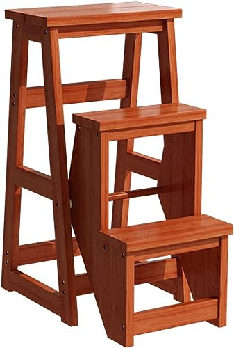 2 In 1 Wood Folding Stepladder air, Convertible Folding Step Ladder air Stool, Solid Pine Wood Folding Library Ladder air, Foldable 4-Step Stool Dual Purpose Library Ladder air (Colo