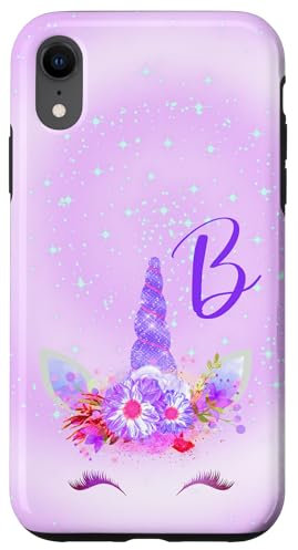iPhone XR Purple Galaxy Unicorn Phone Case Initial B,Monogram Unicorn Case