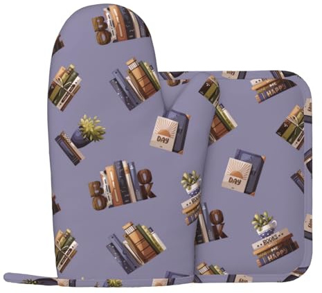 Oven Mitts and Pot Holders Sets, Books Lover Plants Reading Print Heat Resistant Silicone Oven Mitts Pot Holders for Kitchen Baking Cooking, Non-Slip Oven Gloves Hot Pads Potholders