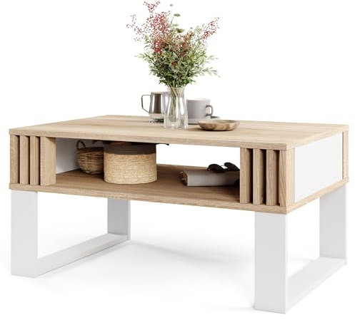 Viosimc Moderner Couchtisch mit Holzdekor-Lamellen, Rechteckiger Wohnzimmertisch mit Regal und Dekorativen Lamellen, Eleganter Zentraler Tisch für Wohnzimmer im Zeitgenössischen Design