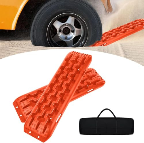 Aufun Sandbleche Anfahrhilfe Set Traktionsmatte Gripmatte 2 Stück Orange | tragbare Traktionsband Traktionshilfe mit Aufbewahrungstasche, 10 T Reifenleiter für Geländewagen, Wohnmobil, PKW & LKW