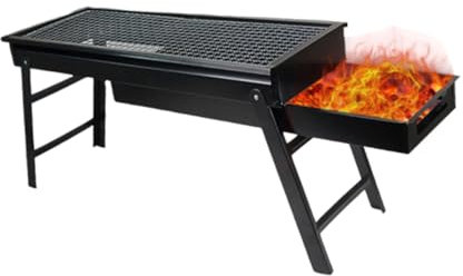 MOBUTOFU Portable Barbecue Grill Charcoal Stove Stand for Outdoor Camping and Picnics Foldable Black Roasting Rack Drawer Design