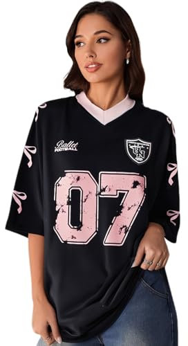 GORGLITTER Women's Letter Graphic Bow Print T Shirts V Neck Half Sleeve Oversized Jersey Shirts Black Large