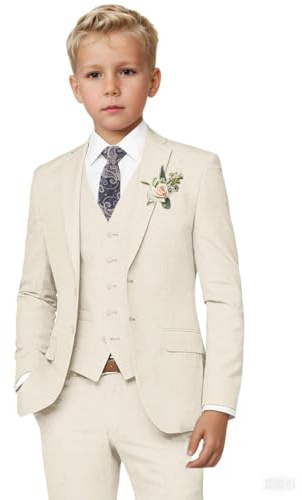Botong Boys Linen Suit for Summer Wedding 3 PC Notch Lapel Kids Tuxedos Toddler Formal Wear Ivory 10T