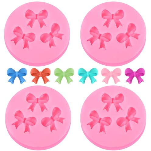 4 Pieces Pink Mini Silicone Fondant Bow Molds, Bow Molds for Chocolate Bows Silicone Fondant Mold Sugar Candy Cake Chocolate Craft Mold for DIY Cake Pudding Decorating Cupcake Topper