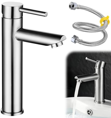 GOEDCH Kaltwasserhahn Gäste WC: Premium Wasserhahn Kaltwasser mit 80CM Anschlussschlauch, Edelstahl Wasserhahn für Kleine Waschbecken, Einhebel Wasserhahn Bad für Bad, Standventil