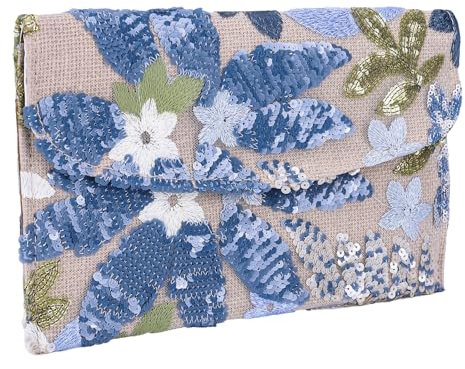 Fiorky Floral Embroidery Sequin Evening Clutch Bag Straw Bag Handbag for Women (Blue)