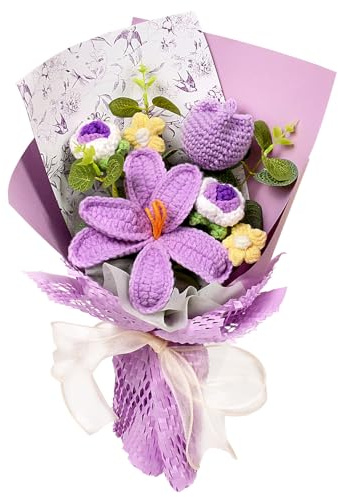 Wishwell Pop Crochet Flower Bouquet, Tulip Rose Daisy Flowers, Purple | Handmade Knitted Flower Gift for Mum, Grandmother, Teachers, Friends on Mother's Day, Birthday, Birthday, Graduation