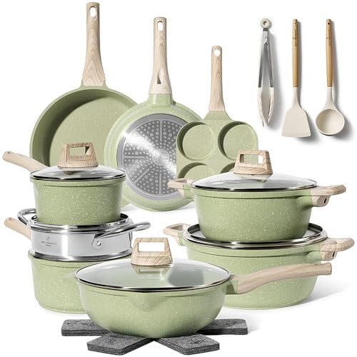 JUST PERFECTO Induktions Töpfe Set - Pfannenset mit deckel - Induktions Töpfe Set - töpfe & pfannen set ohne PTFE und PFOA - Kratzschutz-Silikon Kochgeschirr Topfset induktion (21 pcs Green)