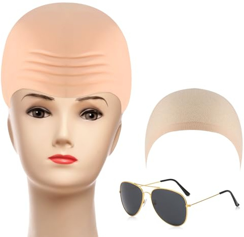 Phlognfy Glatzkopf Latex Kappen Erwachsene, Glatze Maske Set, mit Latex Glatze Maske, Haarnetz, Sonnenbrille, für Halloween Karneval Cosplay Zubehör