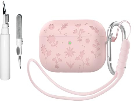 Casevita[4 in 1] Cute Case Compatible with AirPods Pro 3 with Keychain and Cleaning Kit, Soft Silicone Flowers Engraved Shockproof Protective Cover for Women with Lanyard