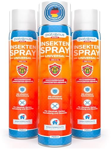 Patronus Insektenspray Universal für Wohnung mit Sofortschutz [3x 750 ml] | zur Abwehr von zahlreichen Insekten - Hochwirksames Ungeziefer-Spray mit dezentem Zitrusduft, aus deutscher Produktion