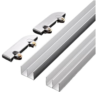 Kit de riel para puerta corredera de cristal, riel guía de aluminio de doble canal con rodillos silenciosos para vitrinas y armarios