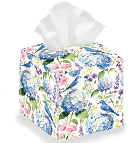 DELORIGIN Hydrangea Wildflower Bird Tissue Box Holder, Leather Square Tissue Box Cover Waterproof Paper Towel Storage Cover Container Organizer for Bedroom Living Dining Room Office Car 13 * 13 * 13cm