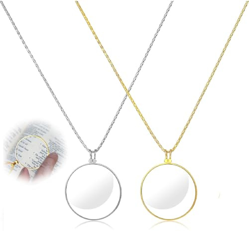 TMZELOA 2er Set Monokel als 5X Metall-Lupe mit Glaslinse, 42 mm Leselupe mit 45 cm Kette zum Umhängen in Gold/Silber, Brillenstil für Buch und Zeitung, auch Kostüm