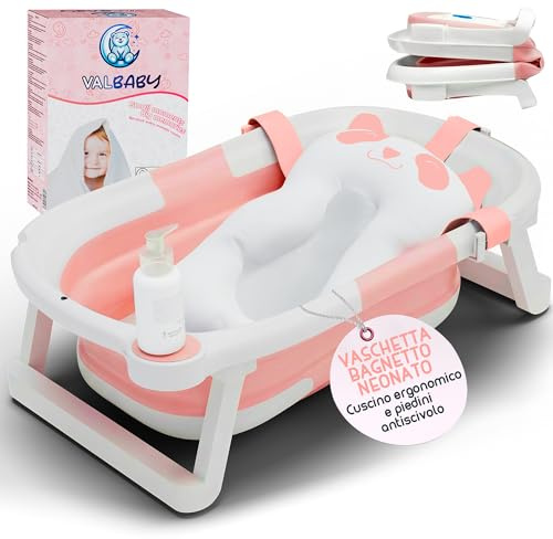 VALBABY Vikbart babybadkar med panda-kudde, bärbar design för nyfödda upp till 2 år, babybadkar med ergonomisk kudde och halkfria fötter, lätt att rengöra, perfekt för hem eller utomhus