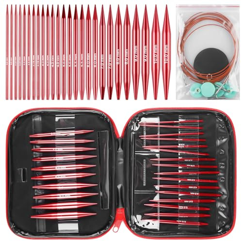 Auswechselbare Rundstricknadeln Set: 3,0-10,0 mm Rundstricknadeln, Austauschbare Stricknadeln mit Tasche, Aluminium, Ideal für Strickprojekte, Anfänger & Profis geeignet, Rot