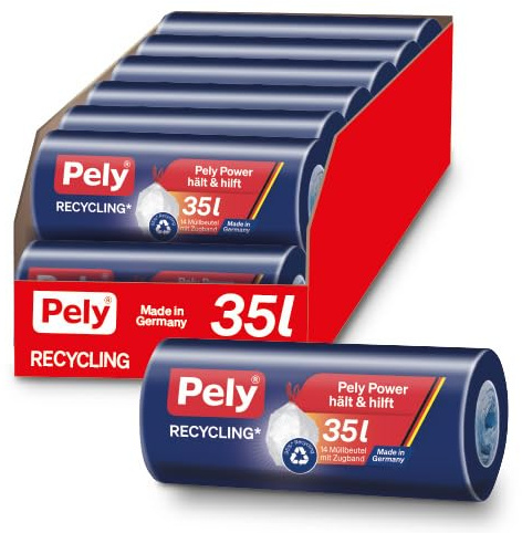 Pely Zugband Müllbeutel 35 Litermit Zugband aus mindestens 80% recyceltem Material, Vorteilspack (16 x 14 Stück), blau, für die Entsorgung von Restabfall (35 Liter)