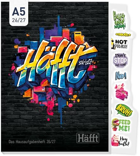 Häfft® Original Hausaufgabenheft 2026 2027 A5 Graffiti | Der ultimative Schülerkalender - Schülerplaner, Schulplaner mit Stickern, Facts & Fun
